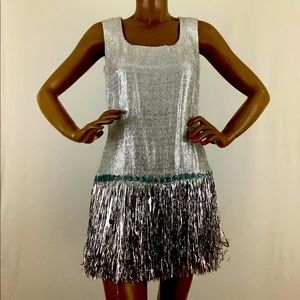 Vintage 60s silver metallic tinsel New Years Party drop waist mini party dress
